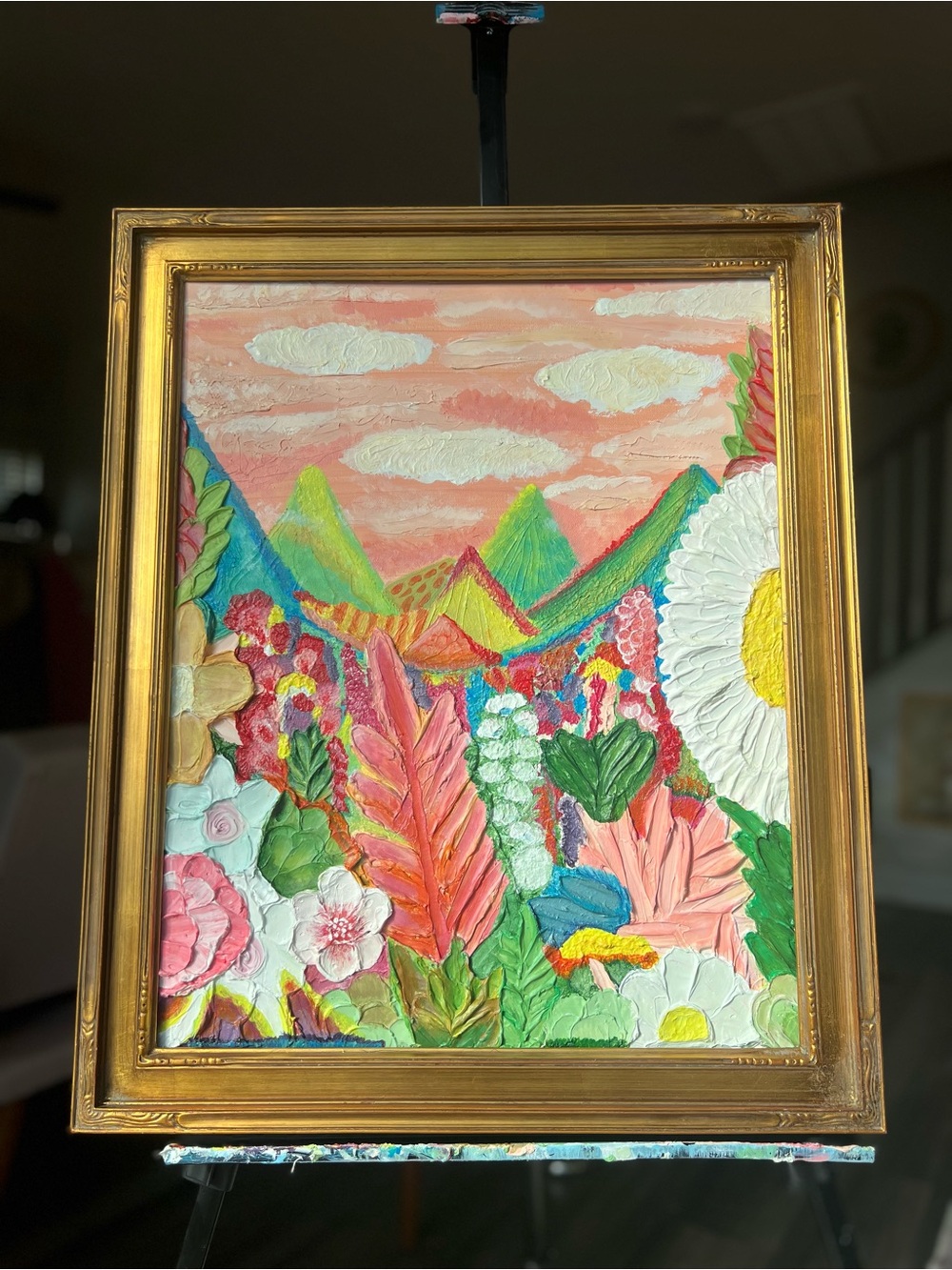 Textured Floral Landscape Painting in Peach, Pink & Green - Picture 4 of 10